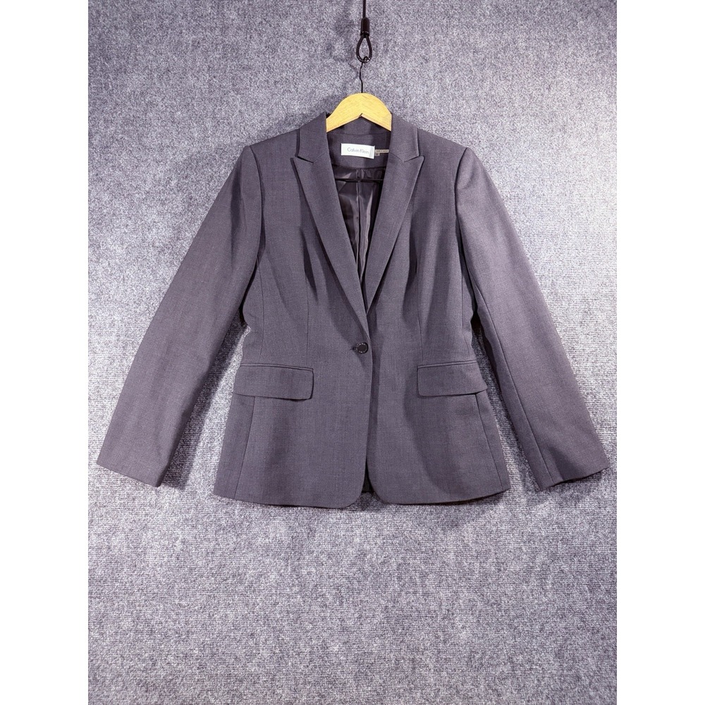 Calvin Klein Womens Gray Blazer Jacket Size 8 One Button Sharp Shawl Lapel
